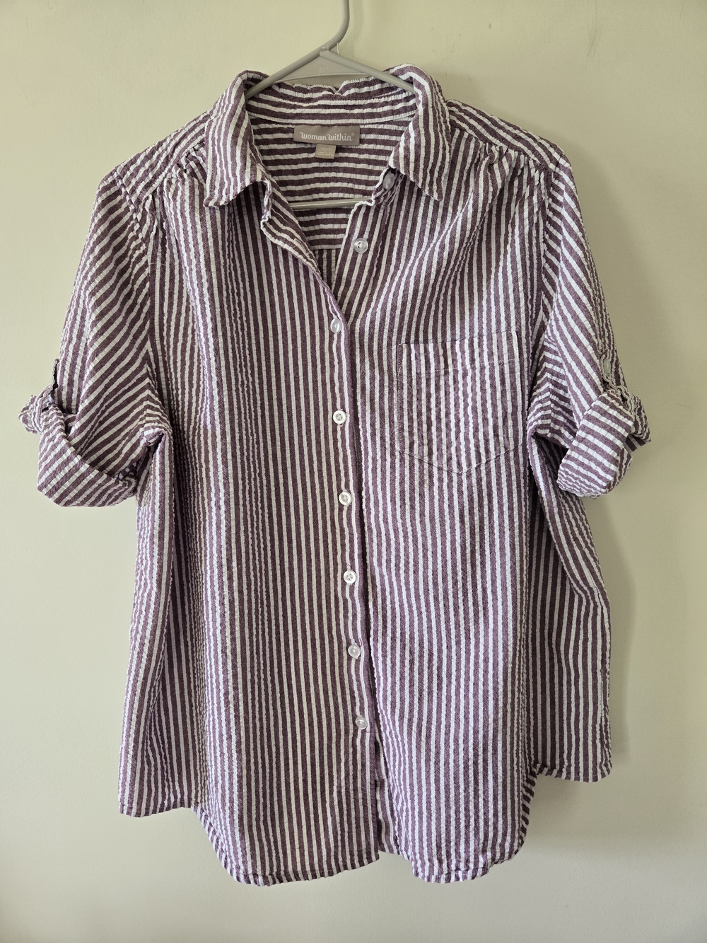 Woman Within Lavender and White Striped Casual Seersucker Button-Down Shirt